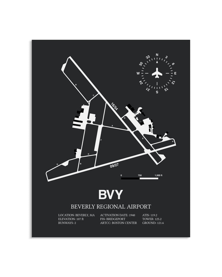 Gray Framed Beverly Regional Airport layout wall art poster