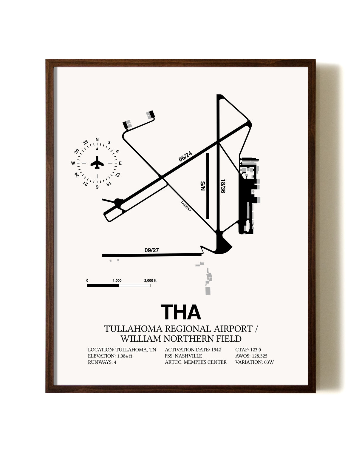 Tullahoma Regional Airport / William Northern Field aviation print in walnut frame