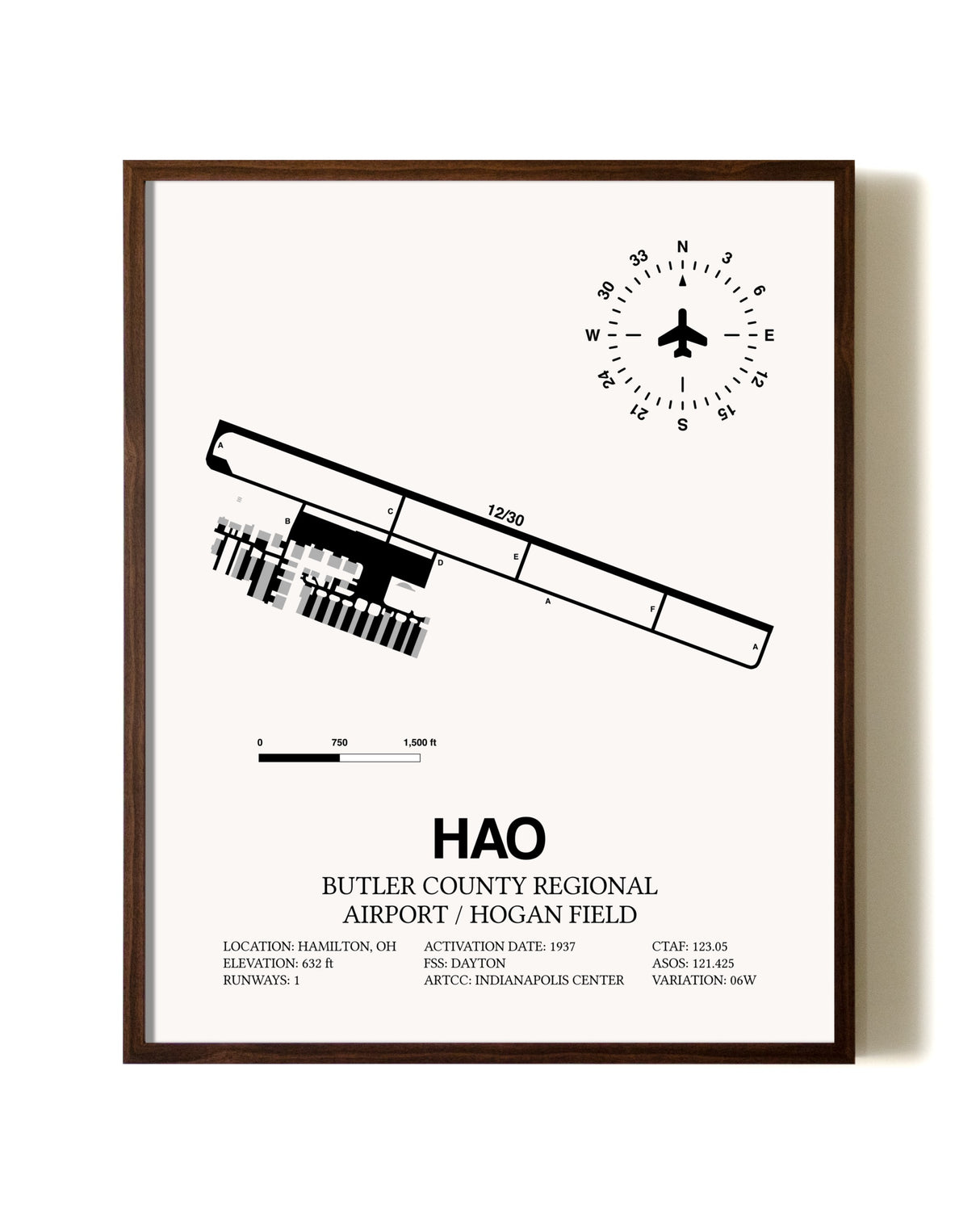 Butler County Regional Airport / Hogan Field aviation print in walnut frame