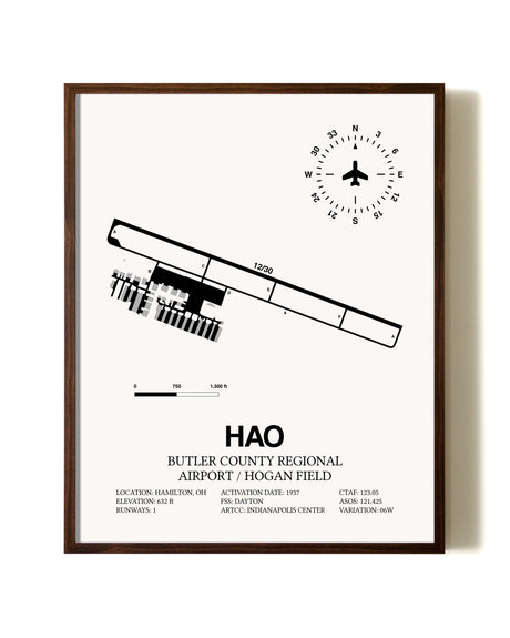 Butler County Regional Airport / Hogan Field aviation print in walnut frame