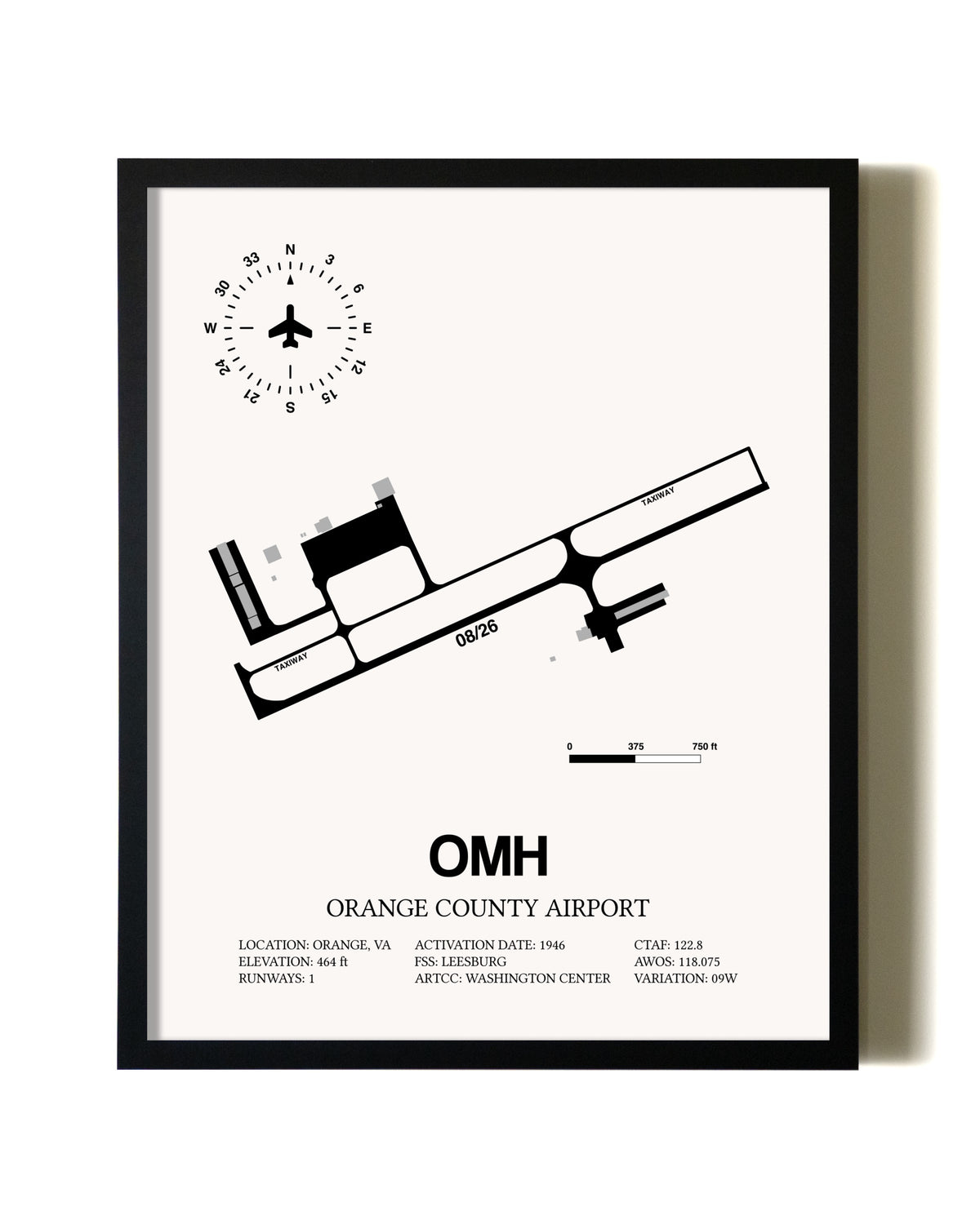 Framed Orange County Airport wall art poster in black frame
