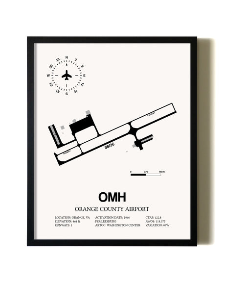 Framed Orange County Airport wall art poster in black frame