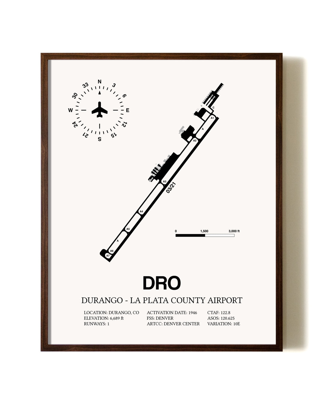 Durango-La Plata County Airport aviation print in walnut frame