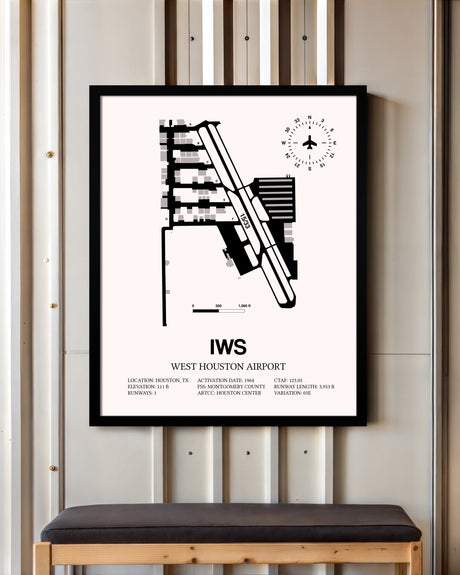 West Houston Airport framed poster displayed in an airplane hangar