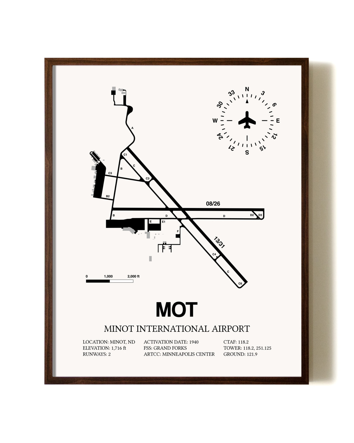 Minot International Airport aviation print in walnut frame