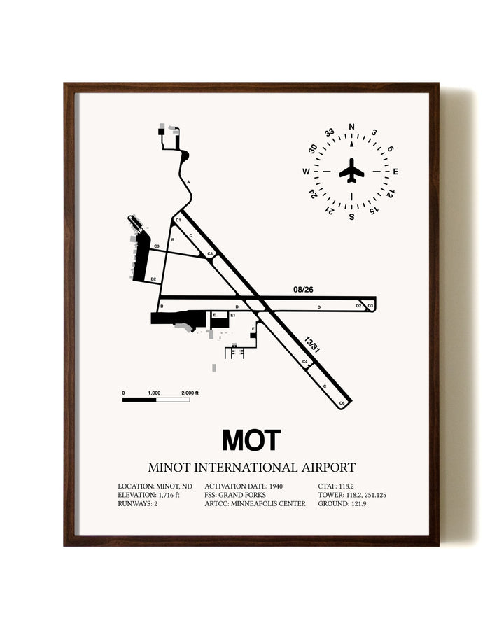 Minot International Airport aviation print in walnut frame