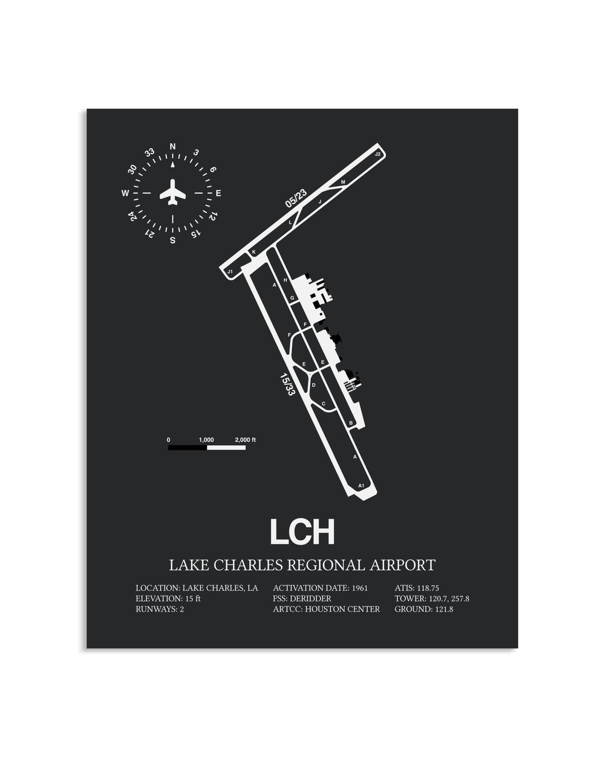 Gray Framed Lake Charles Regional Airport layout wall art poster