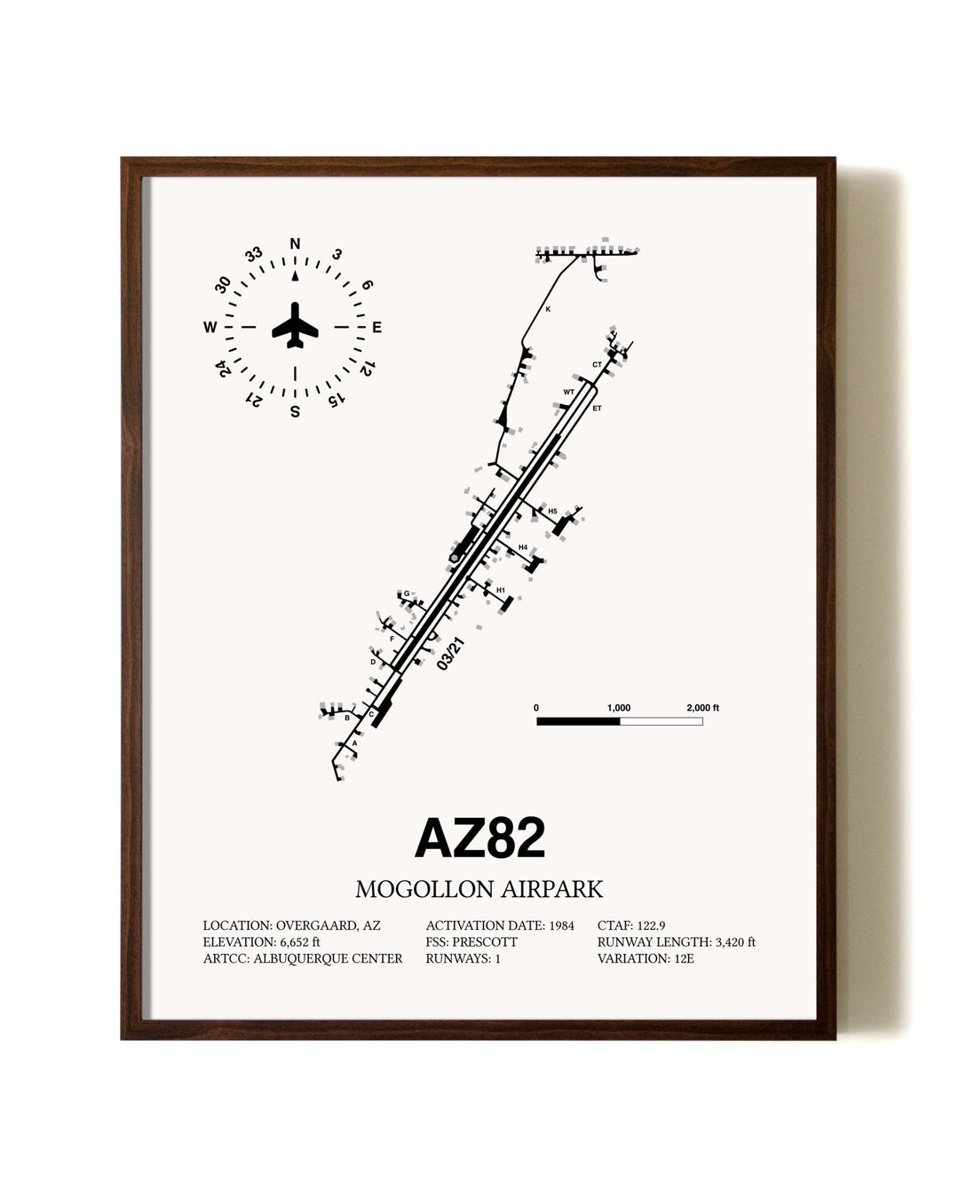 Mogollon Airpark aviation print in walnut frame