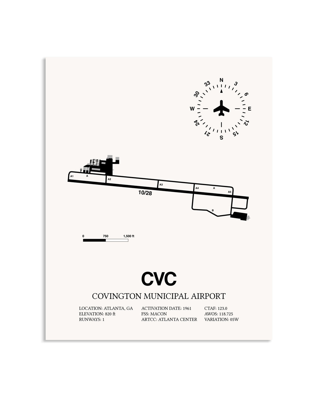 Gray Covington Municipal Airport framed poster displayed in an airplane hangar