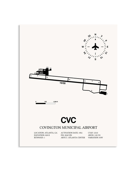 Gray Covington Municipal Airport framed poster displayed in an airplane hangar