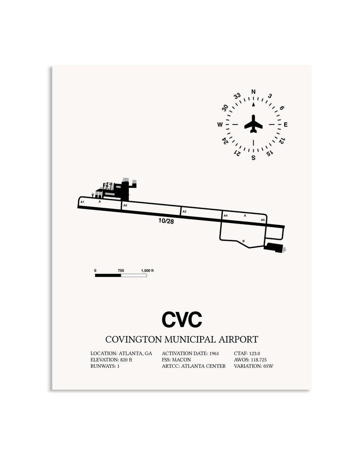 Gray Covington Municipal Airport framed poster displayed in an airplane hangar