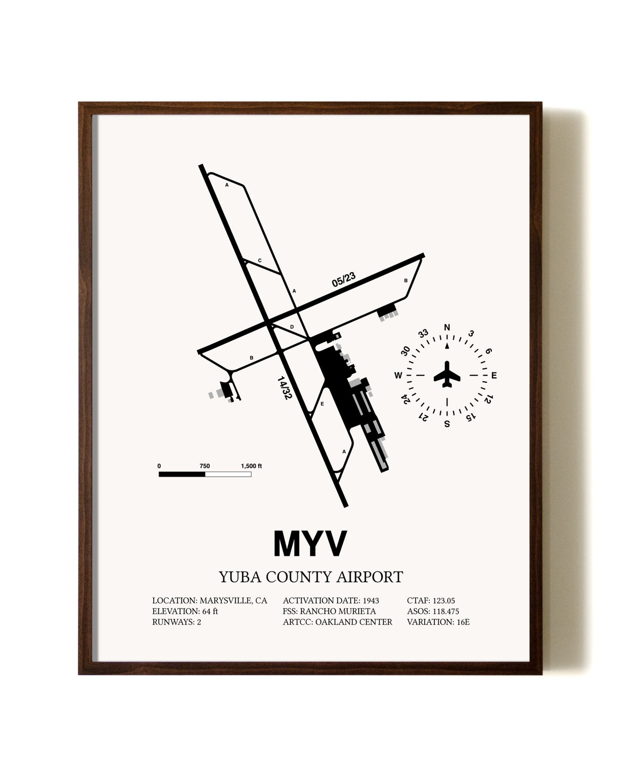 Yuba County Airport aviation print in walnut frame