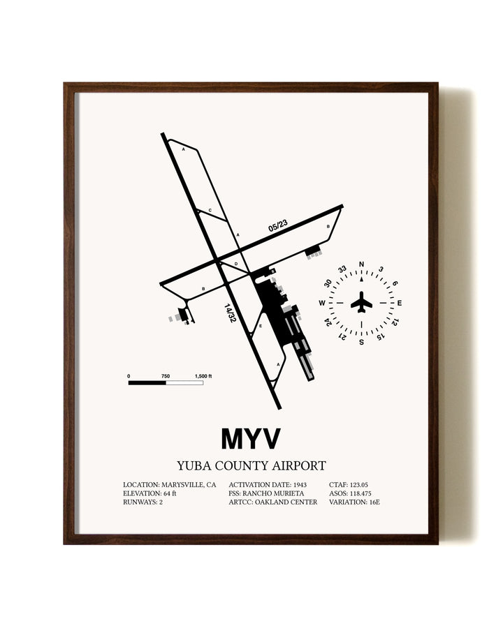 Yuba County Airport aviation print in walnut frame