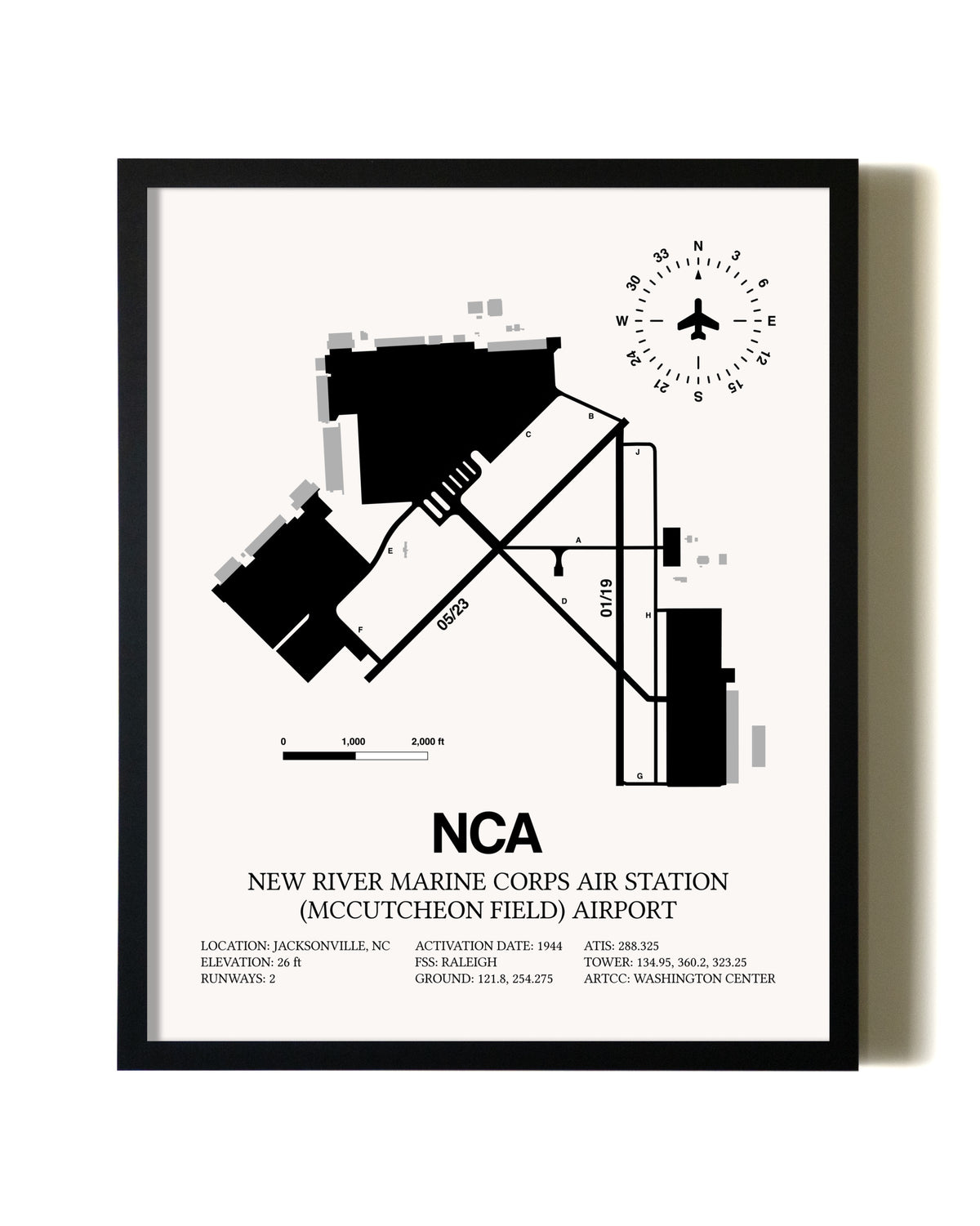 Framed New River Marine Corps Air Station (McCutcheon Field) Airport wall art poster in black frame
