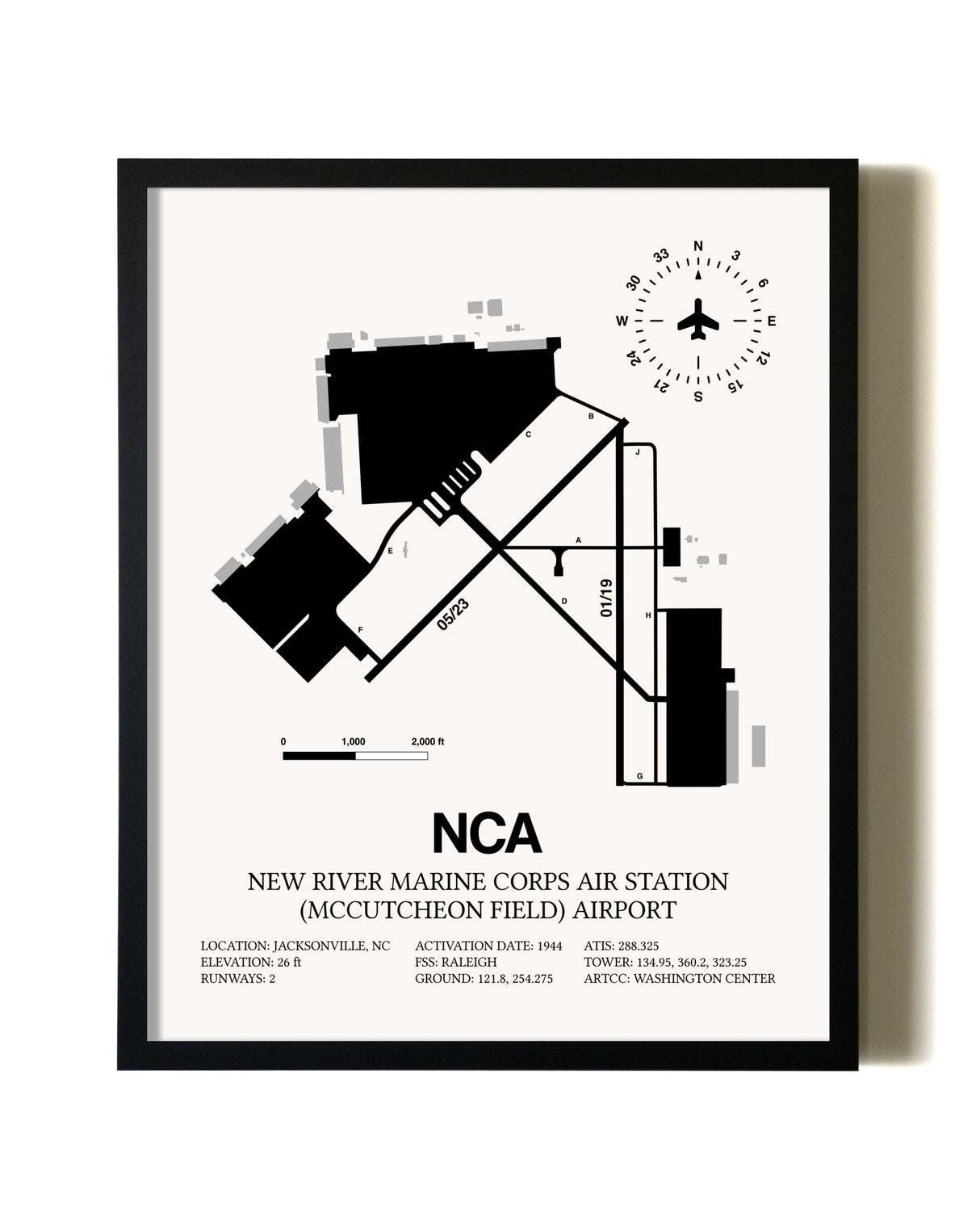 Framed New River Marine Corps Air Station (McCutcheon Field) Airport wall art poster in black frame