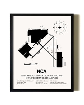 Framed New River Marine Corps Air Station (McCutcheon Field) Airport wall art poster in black frame