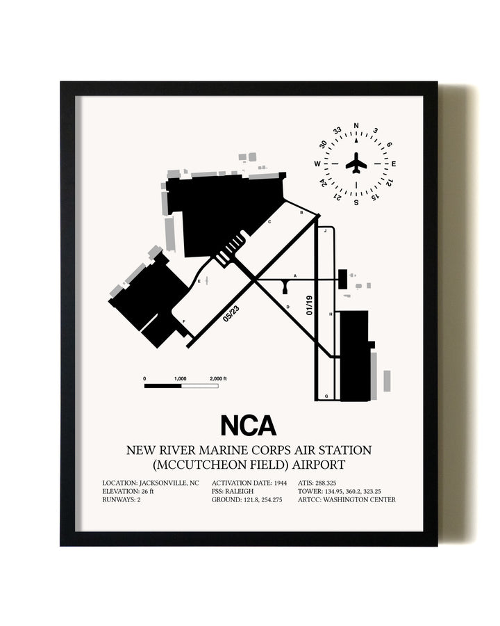 Framed New River Marine Corps Air Station (McCutcheon Field) Airport wall art poster in black frame