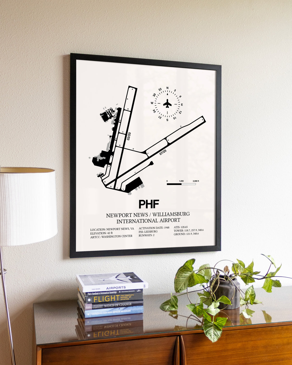 Newport News / Williamsburg International Airport aviation wall décor in black wood frame