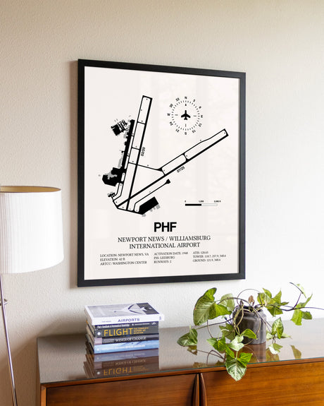 Newport News / Williamsburg International Airport aviation wall décor in black wood frame
