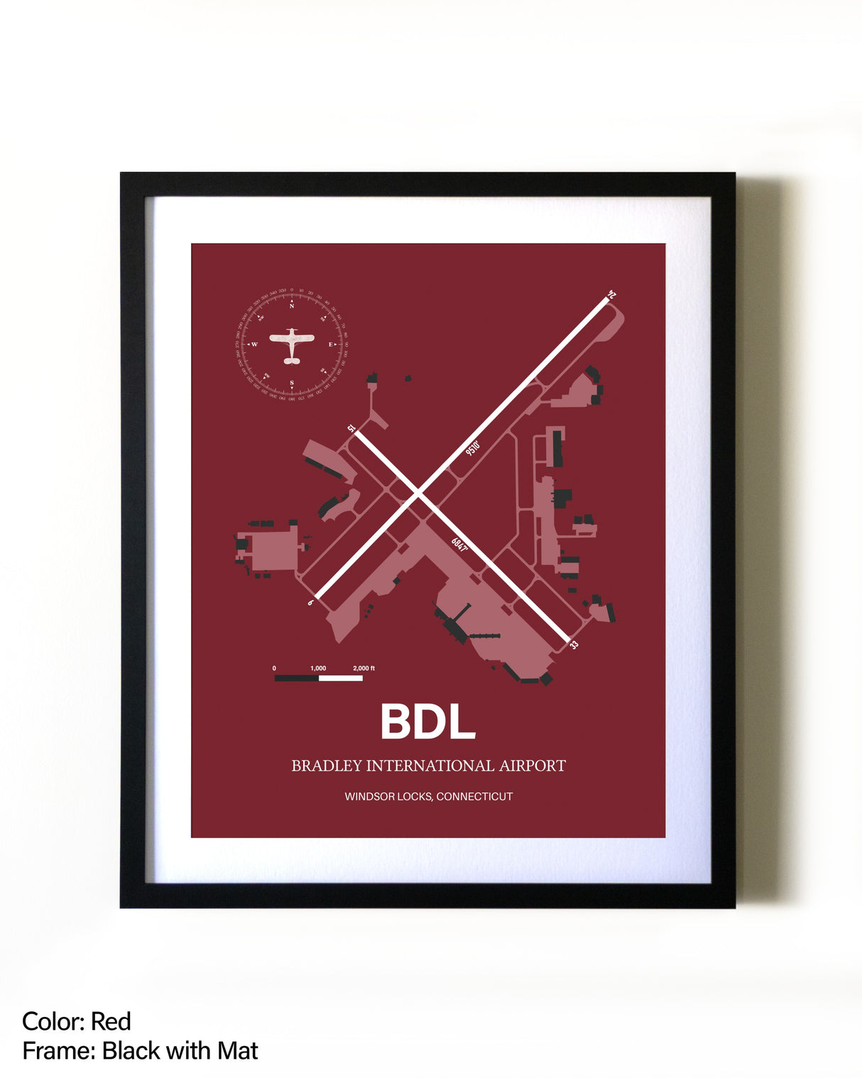 Bradley International Airport aviation wall décor in black wood frame