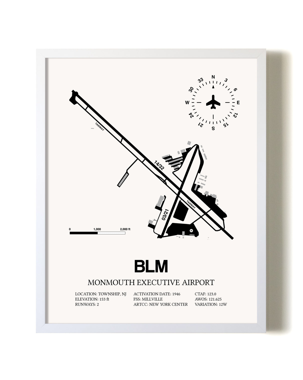 Monmouth Executive Airport airport map poster in oak frame