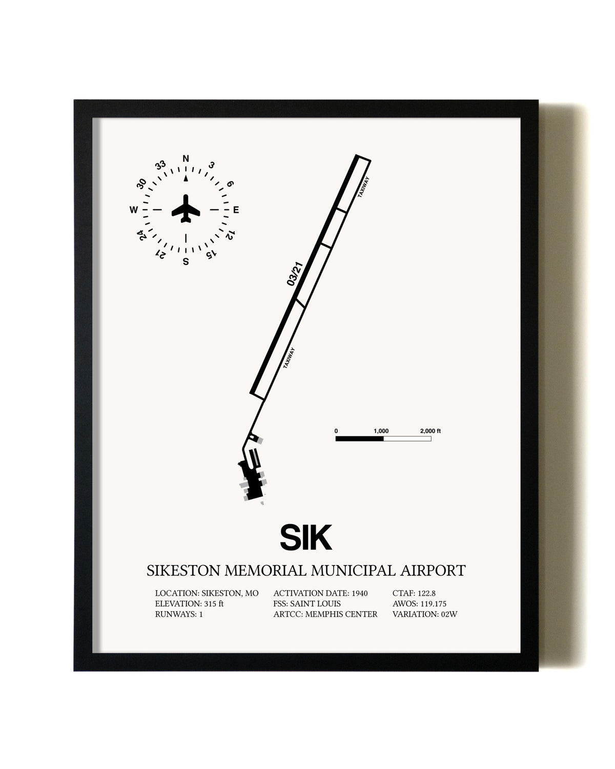 Framed Sikeston Memorial Municipal Airport wall art poster in black frame
