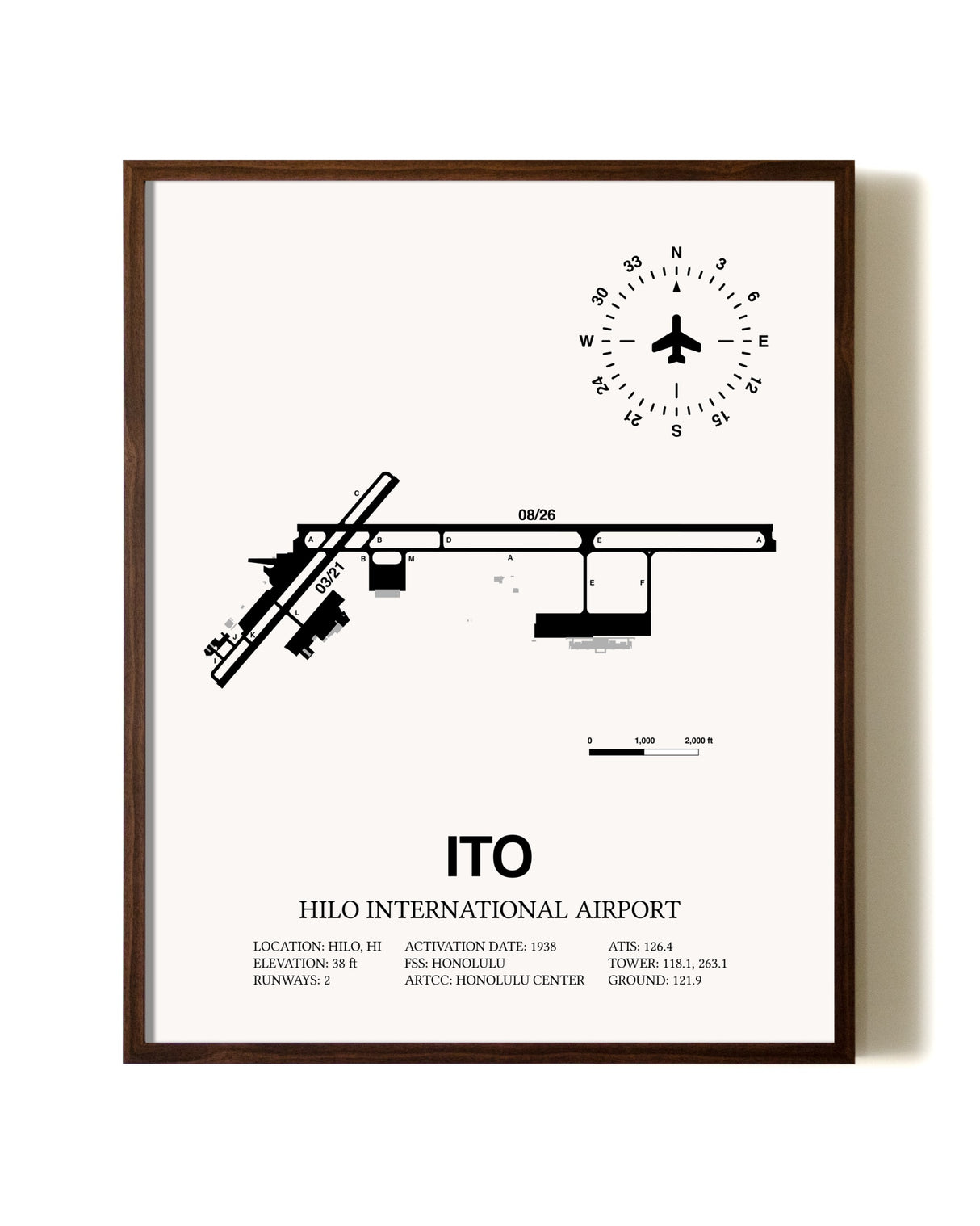 Hilo International Airport aviation print in walnut frame