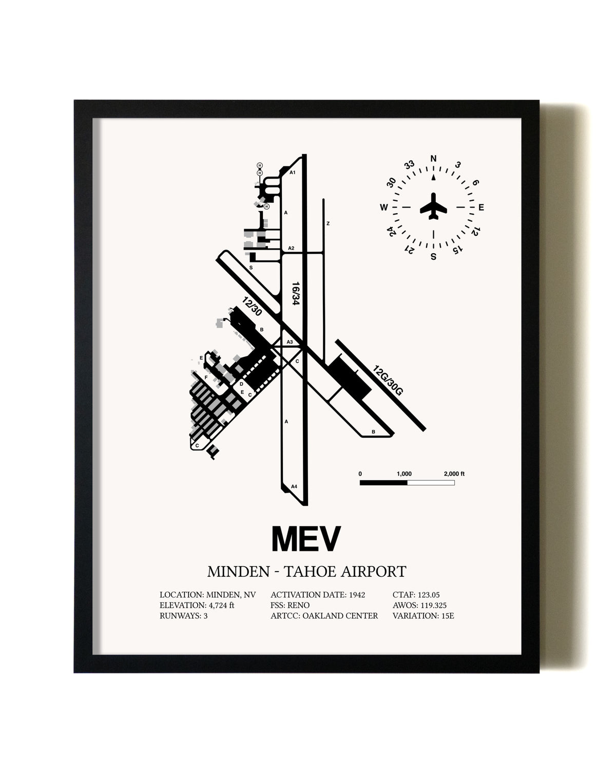 Framed Minden-Tahoe Airport wall art poster in black frame