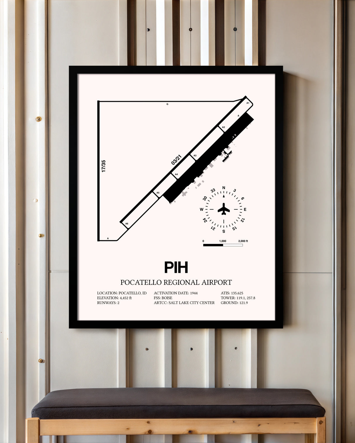 Pocatello Regional Airport framed poster displayed in an airplane hangar