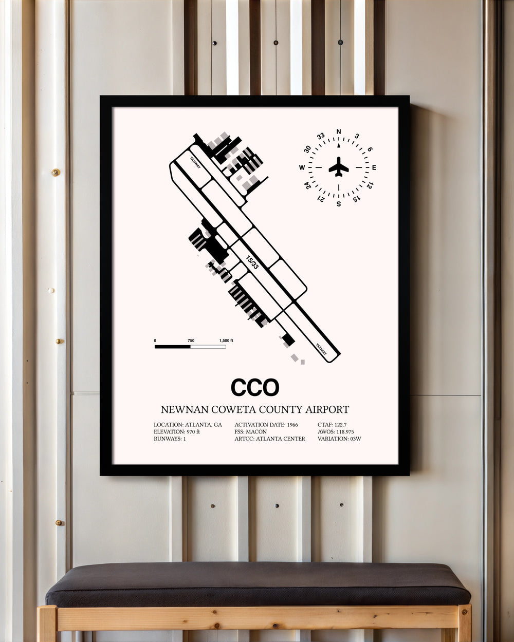 Newnan Coweta County Airport framed poster displayed in an airplane hangar
