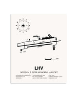 Gray William T. Piper Memorial Airport framed poster displayed in an airplane hangar