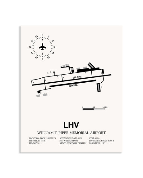 Gray William T. Piper Memorial Airport framed poster displayed in an airplane hangar