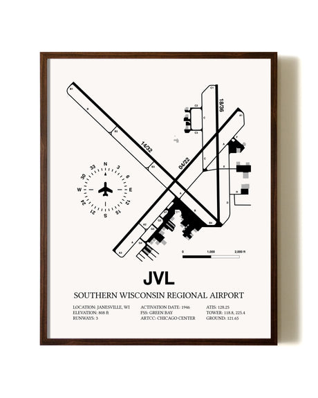 Southern Wisconsin Regional Airport aviation print in walnut frame