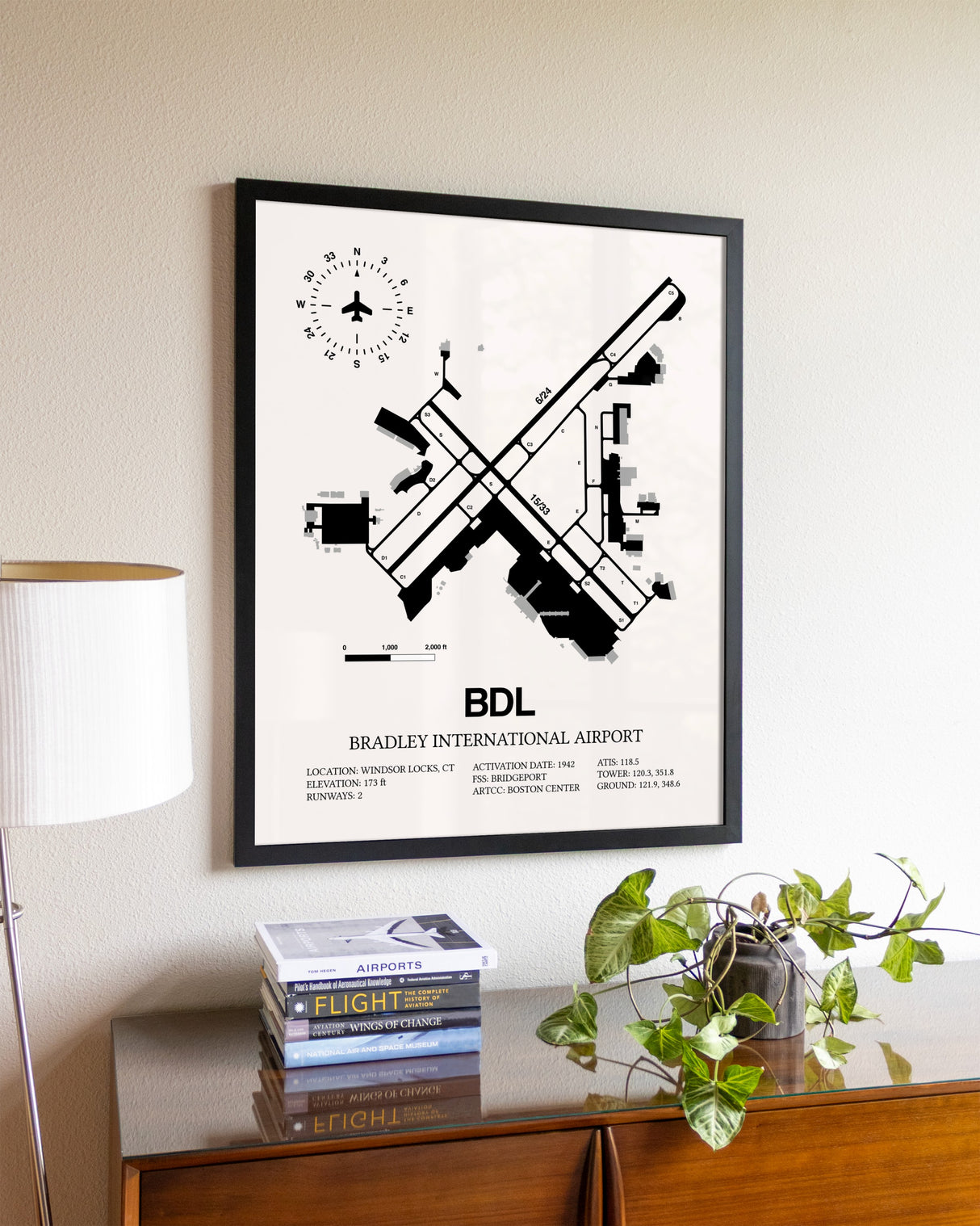 Bradley International Airport aviation wall décor in black wood frame