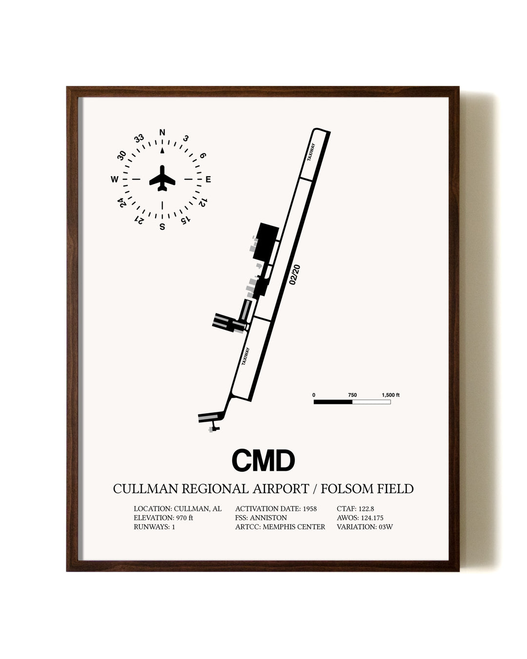 Cullman Regional Airport / Folsom Field aviation print in walnut frame