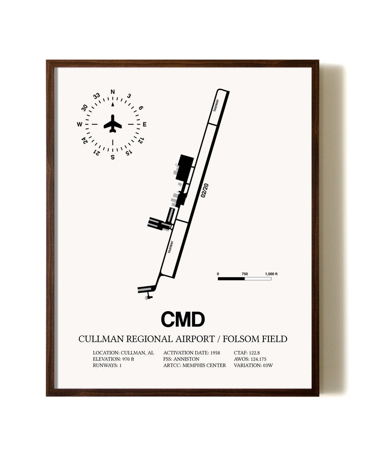 Cullman Regional Airport / Folsom Field aviation print in walnut frame