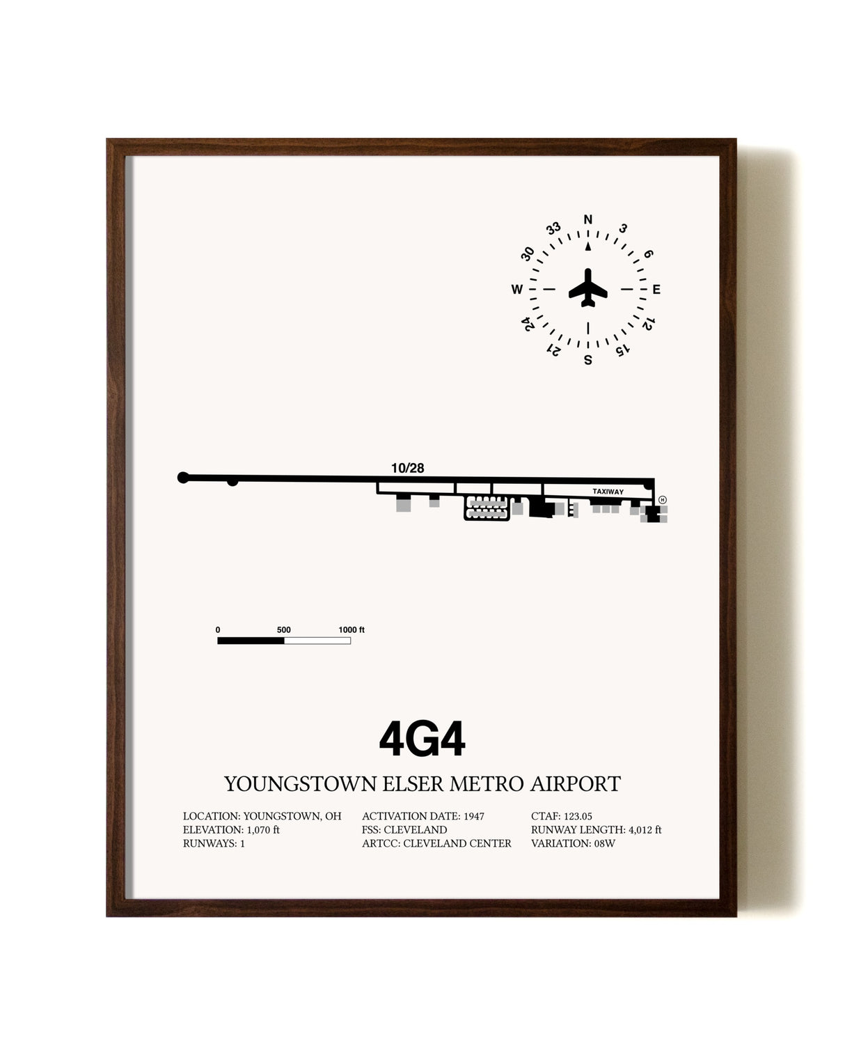 Youngstown Elser Metro Airport aviation print in walnut frame
