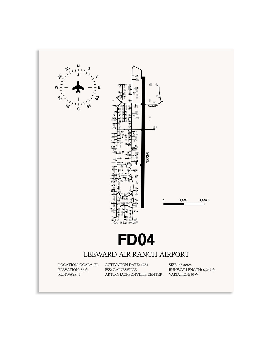 Gray Leeward Air Ranch Airport framed poster displayed in an airplane hangar