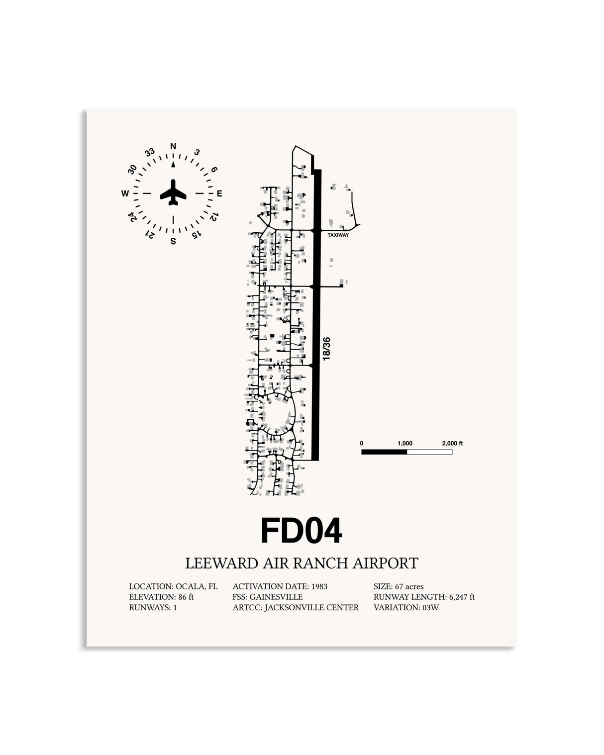 Gray Leeward Air Ranch Airport framed poster displayed in an airplane hangar