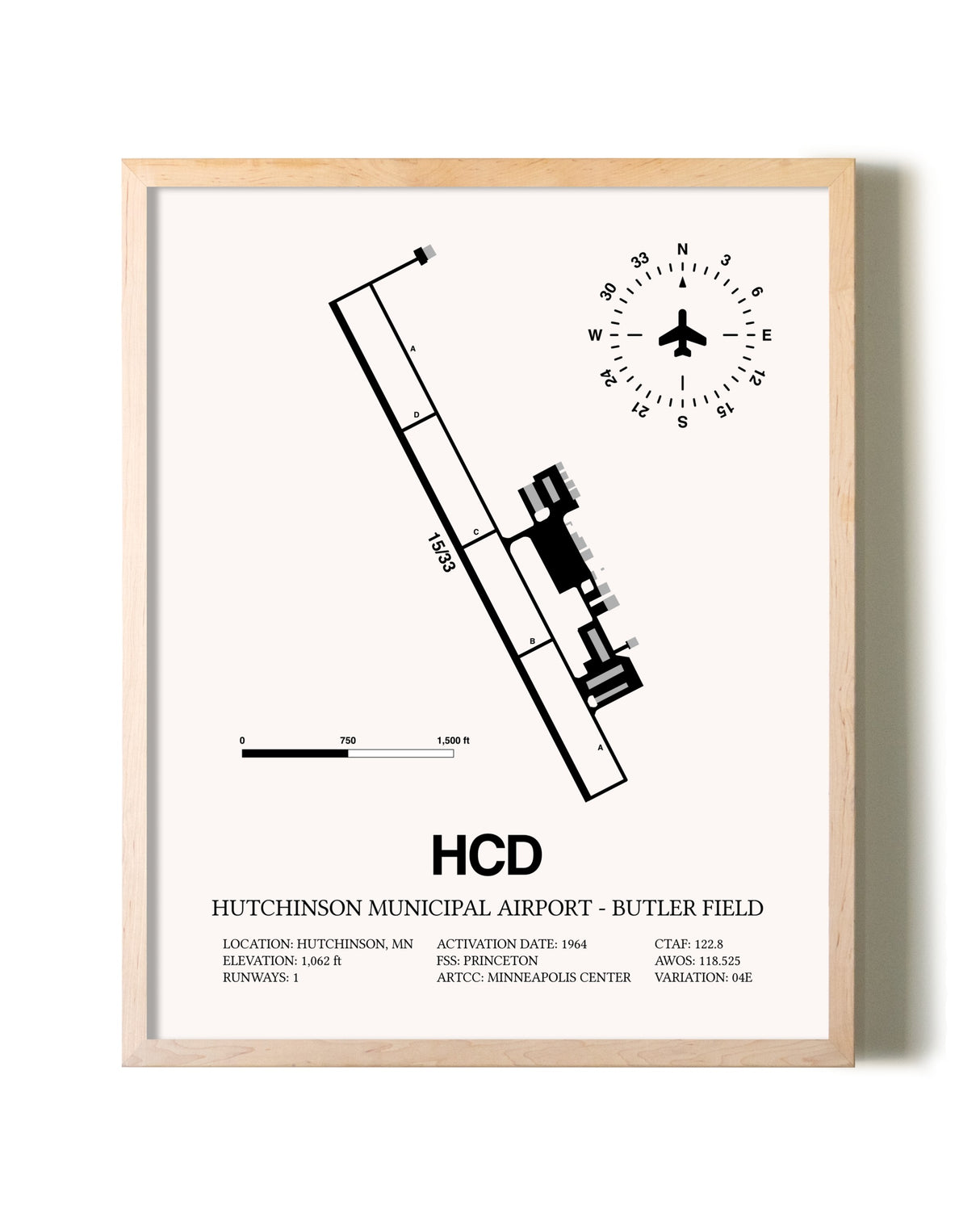 Hutchinson Municipal Airport-Butler Field framed wall art in white frame