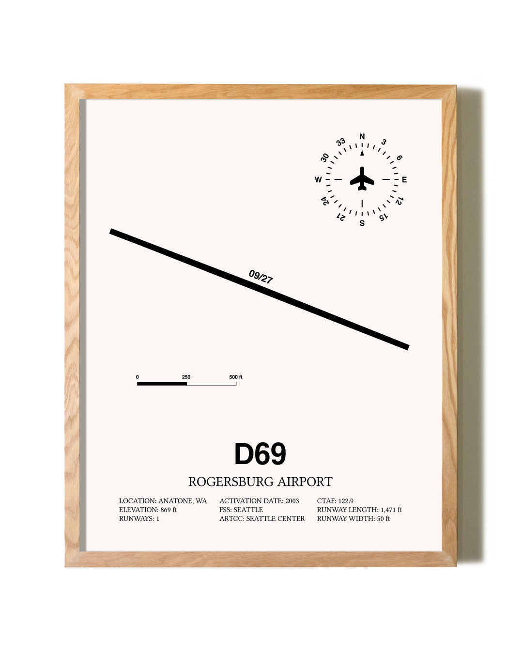 Rogersburg Airport framed print in natural wood frame
