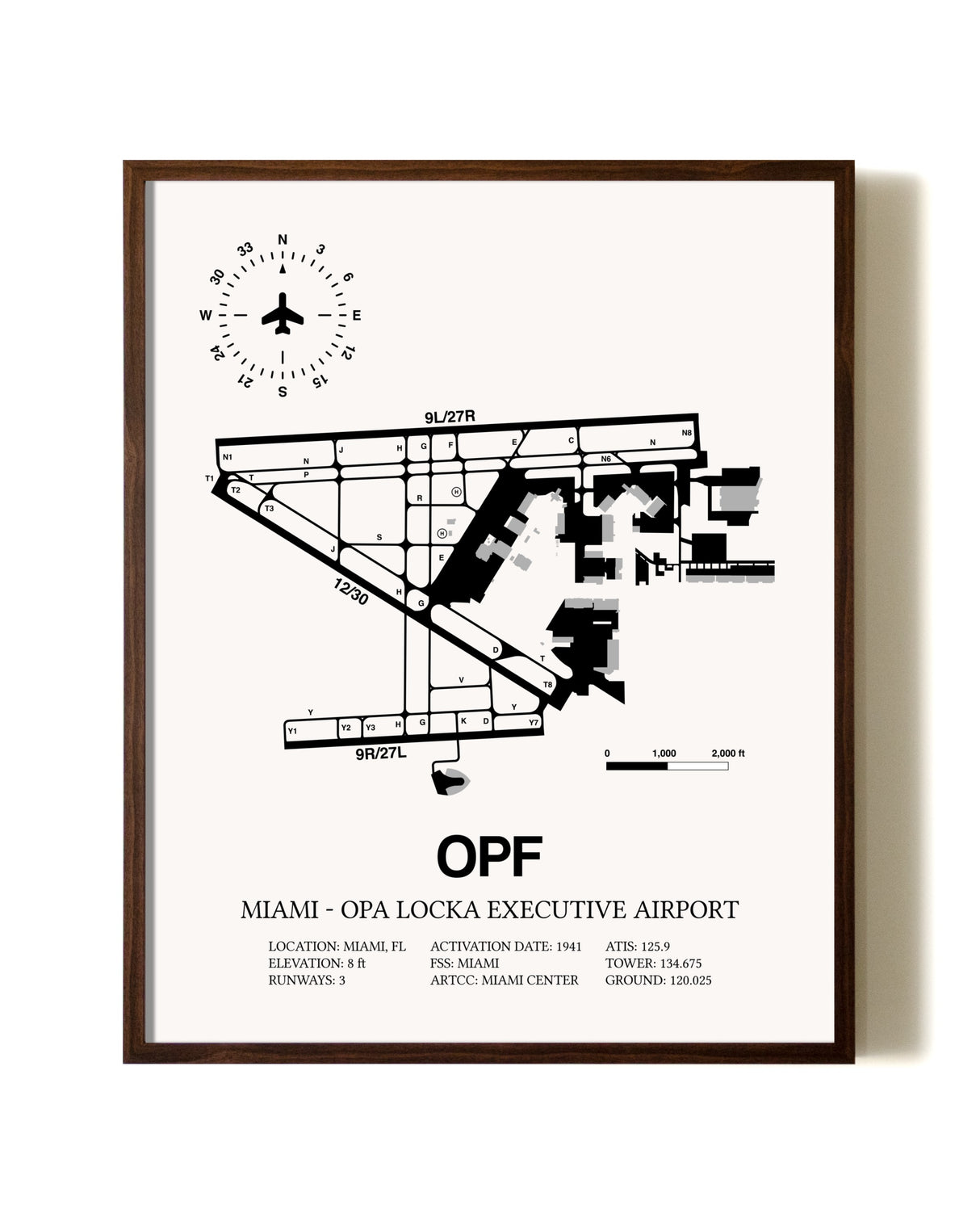 Miami-Opa Locka Executive Airport aviation print in walnut frame