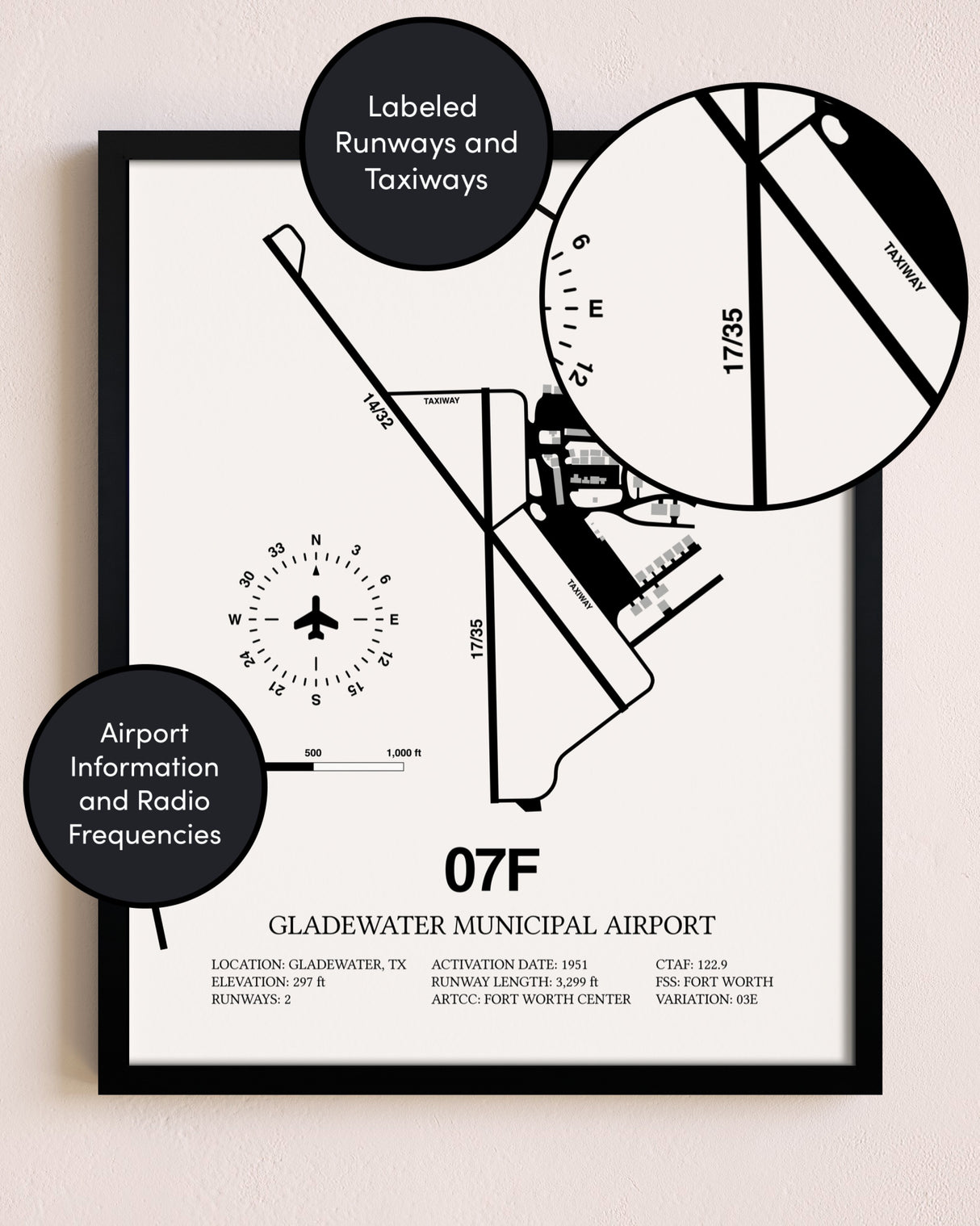 Framed Gladewater Municipal Airport layout wall art poster