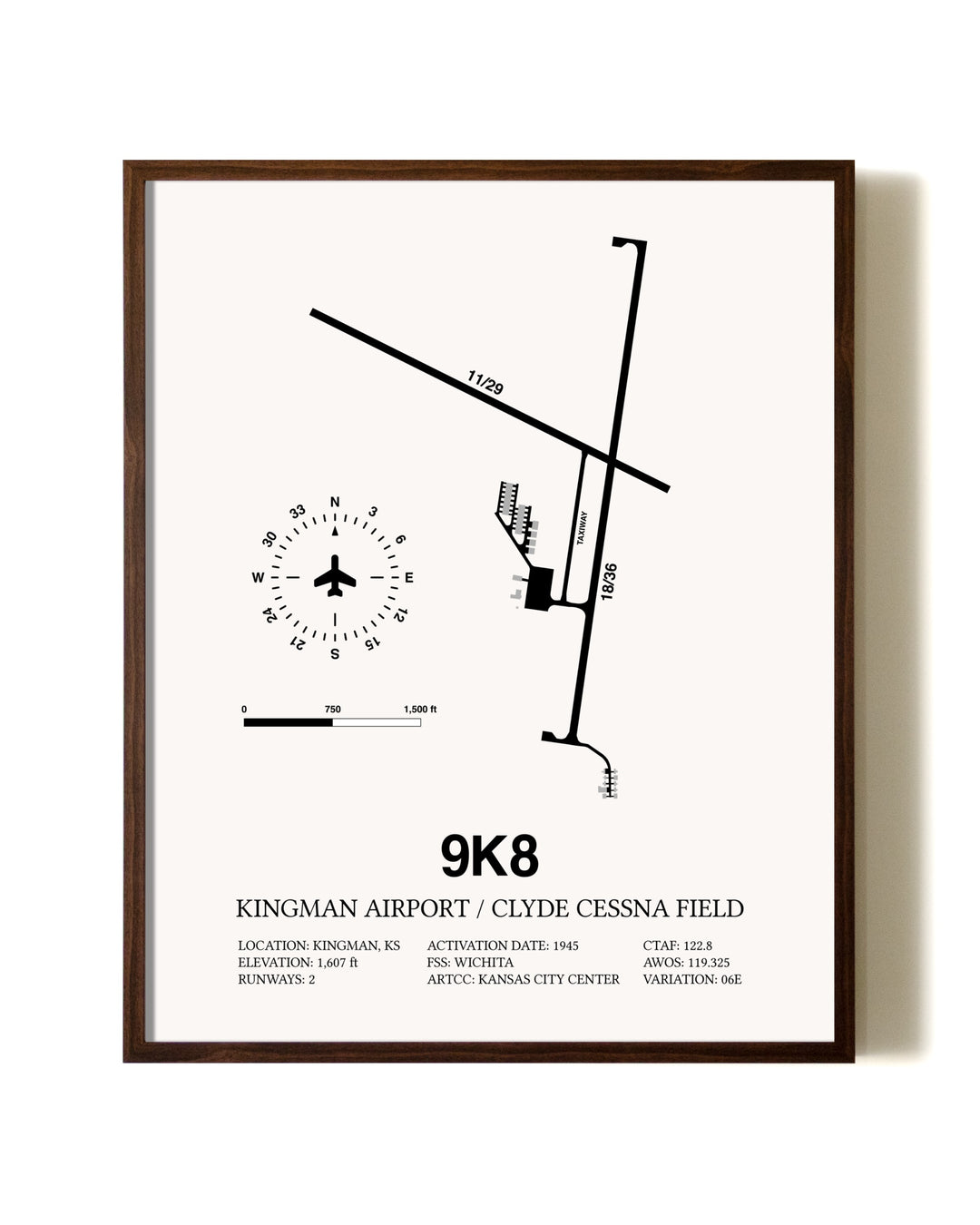 Kingman Airport / Clyde Cessna Field aviation print in walnut frame