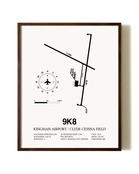 Kingman Airport / Clyde Cessna Field aviation print in walnut frame