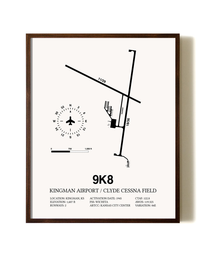 Kingman Airport / Clyde Cessna Field aviation print in walnut frame