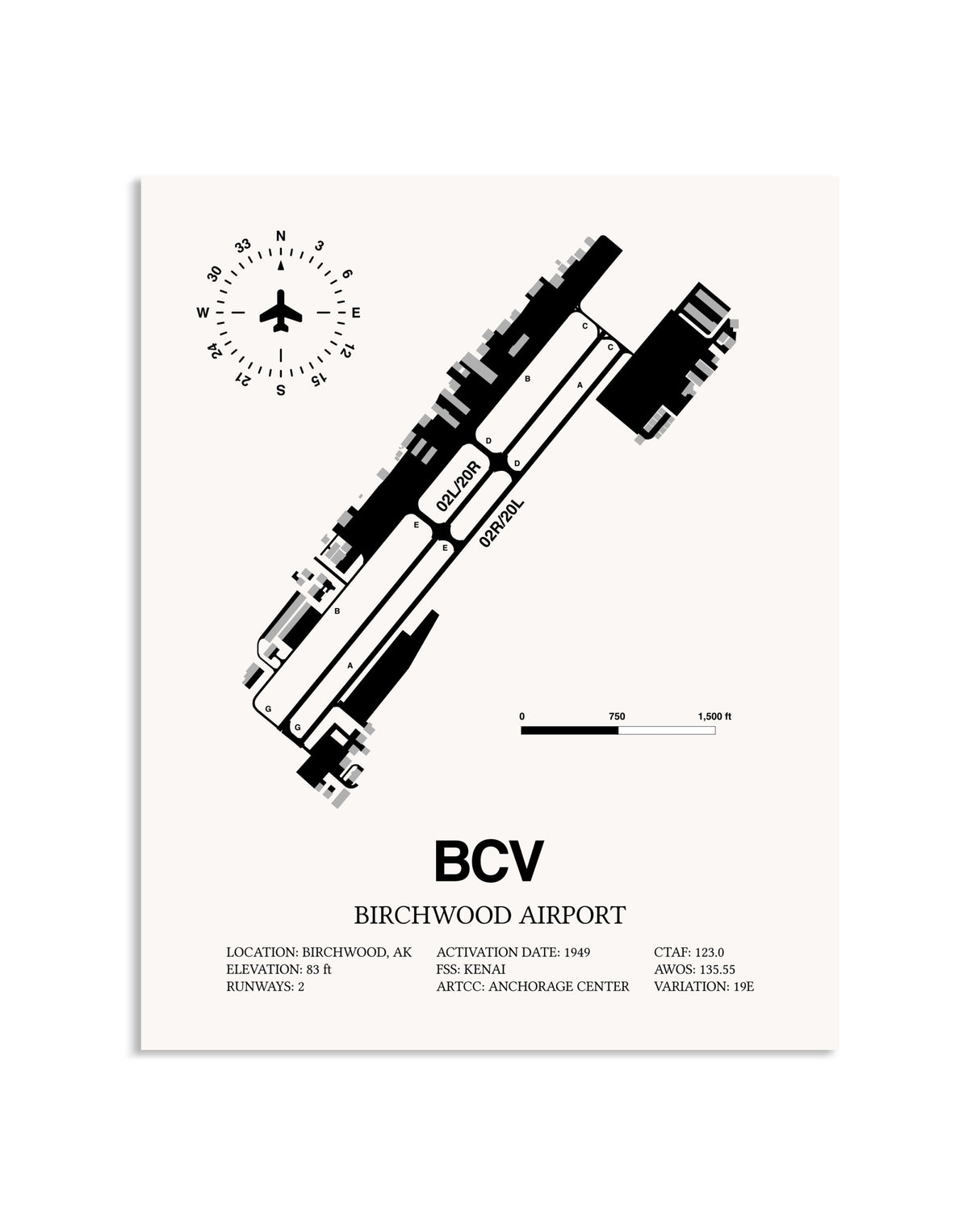 Gray Birchwood Airport framed poster displayed in an airplane hangar