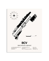 Gray Birchwood Airport framed poster displayed in an airplane hangar