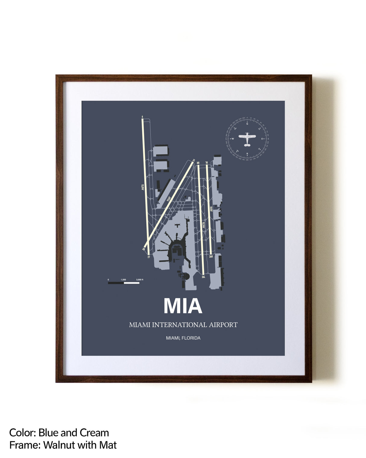 Miami International Airport aviation print in walnut frame with mat