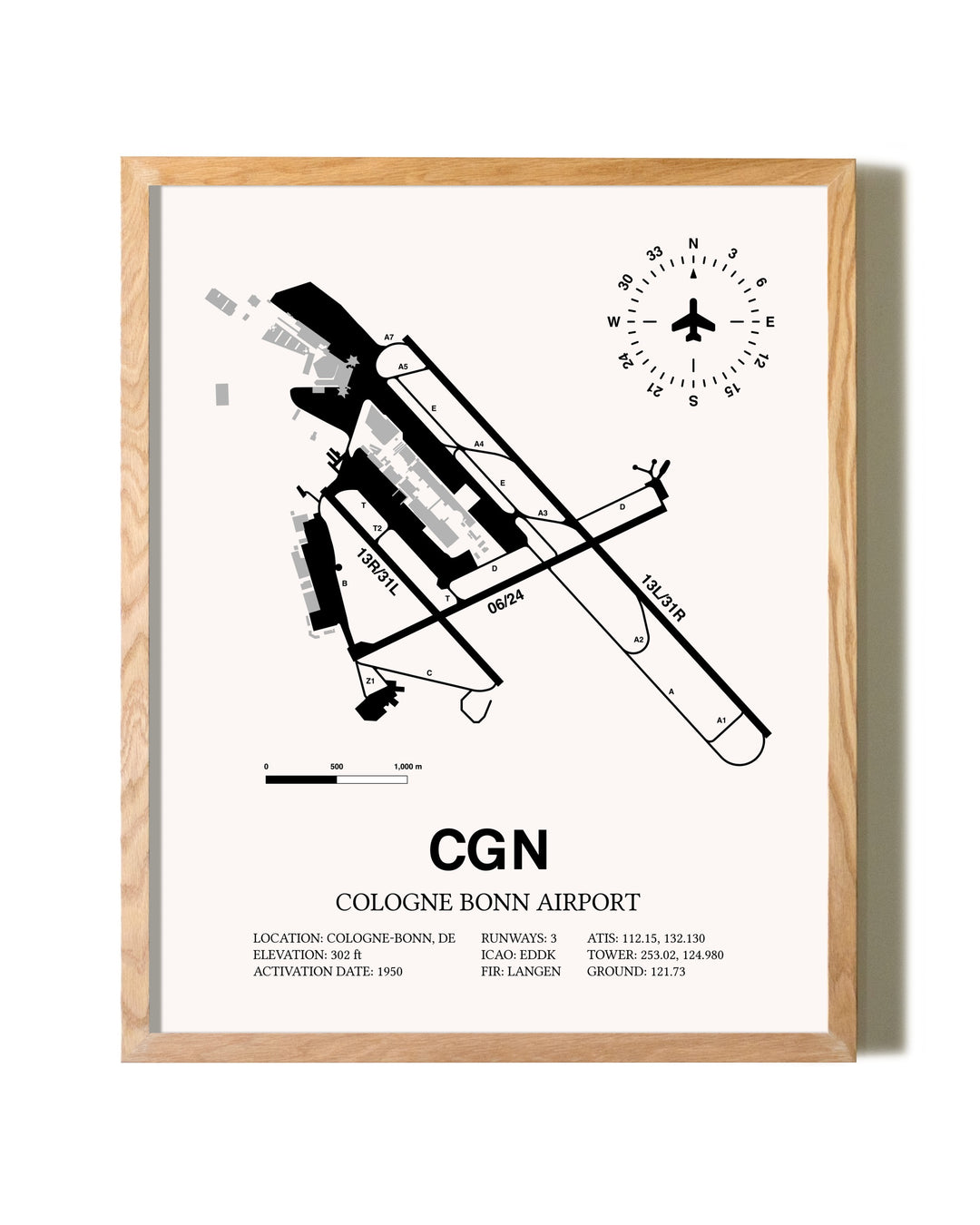 Cologne Bonn Airport framed print in natural wood frame